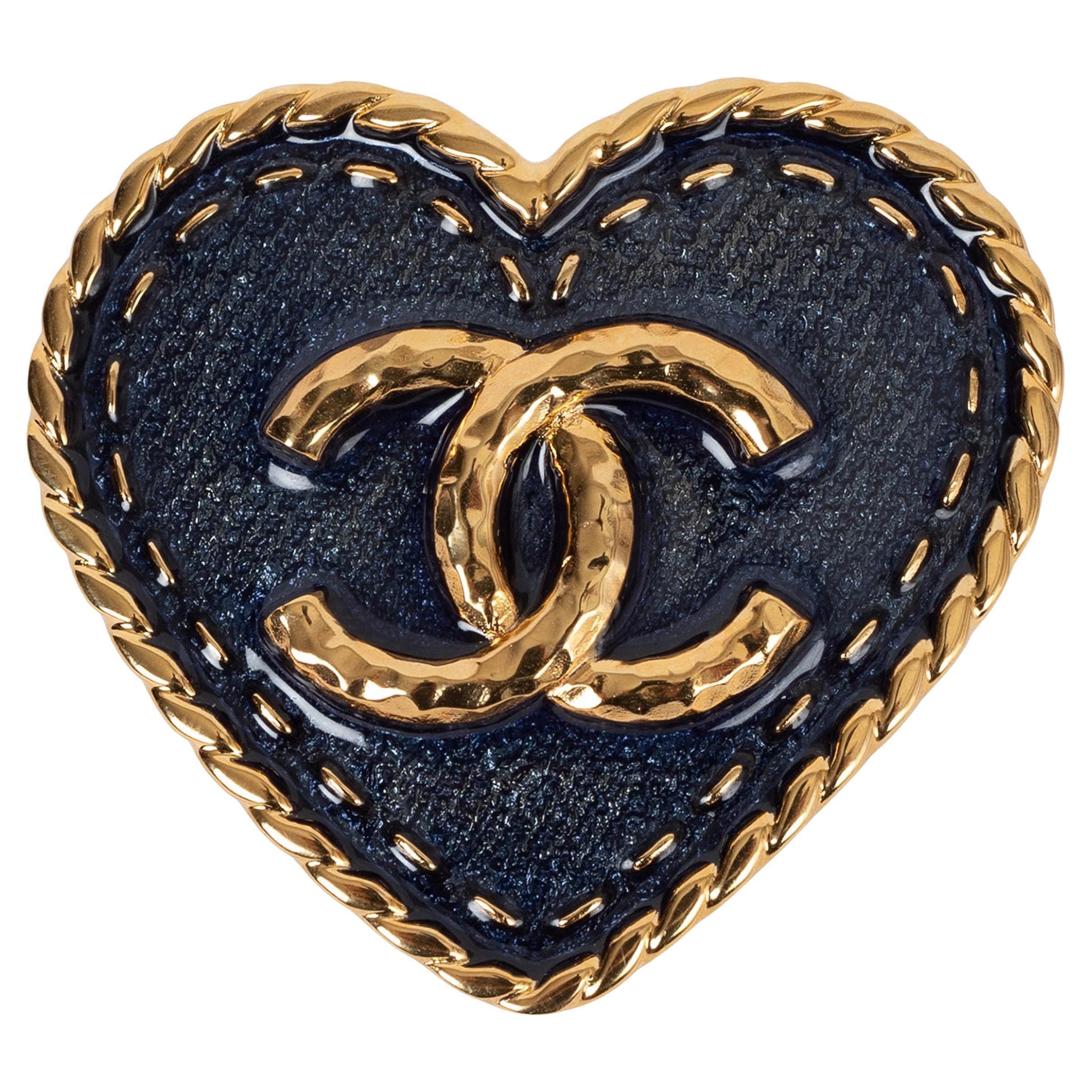 CHANEL gold & blue enamel 24P CC DENIM HEART Brooch For Sale