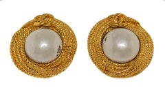 Chanel Gold Braided Pearl Logo Earrings