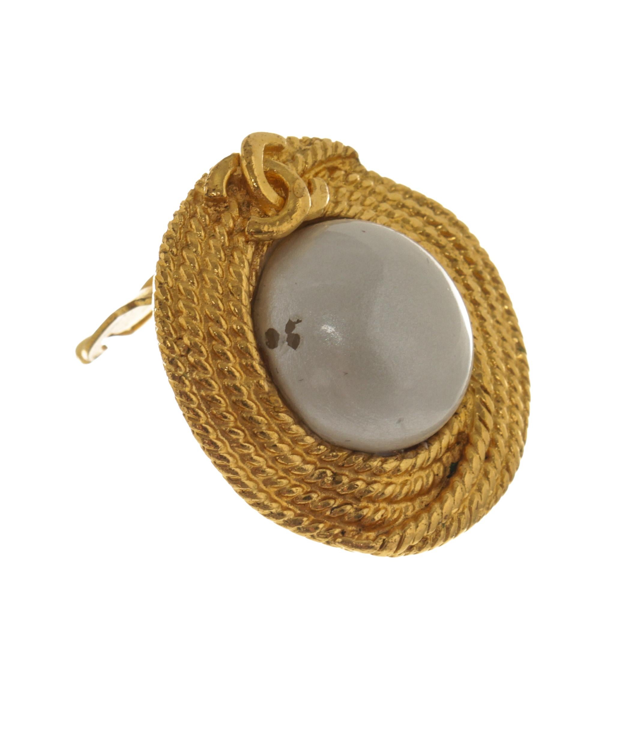 Modern Chanel Gold Braided Pearl Logo Earrings For Sale
