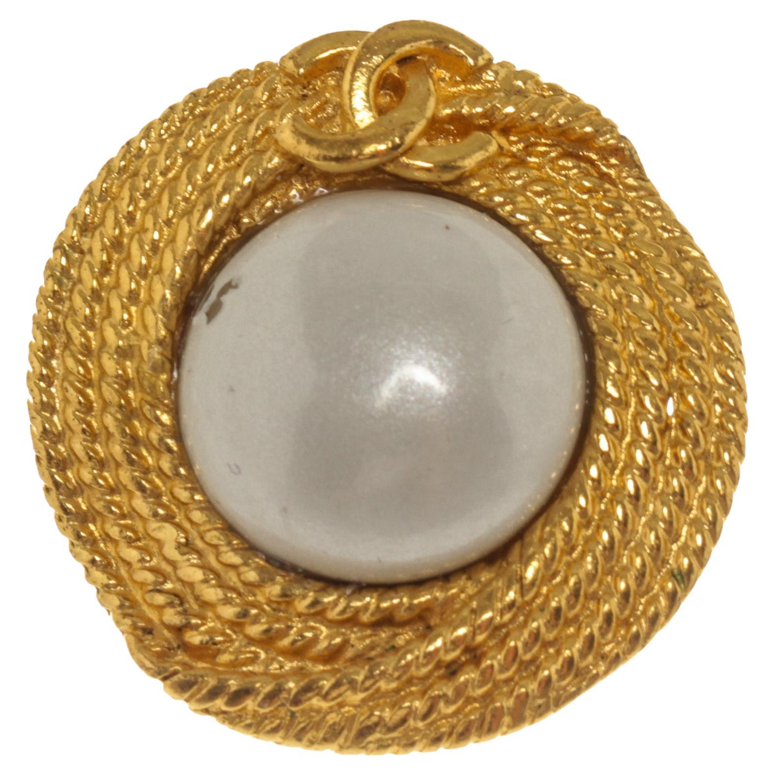 Chanel Gold Braided Pearl Logo Earrings