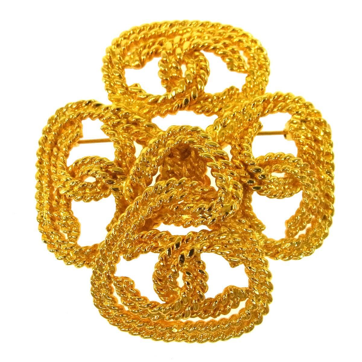 Chanel Gold Braided Textured Cross Charm Evening Lapel Pin Brooch