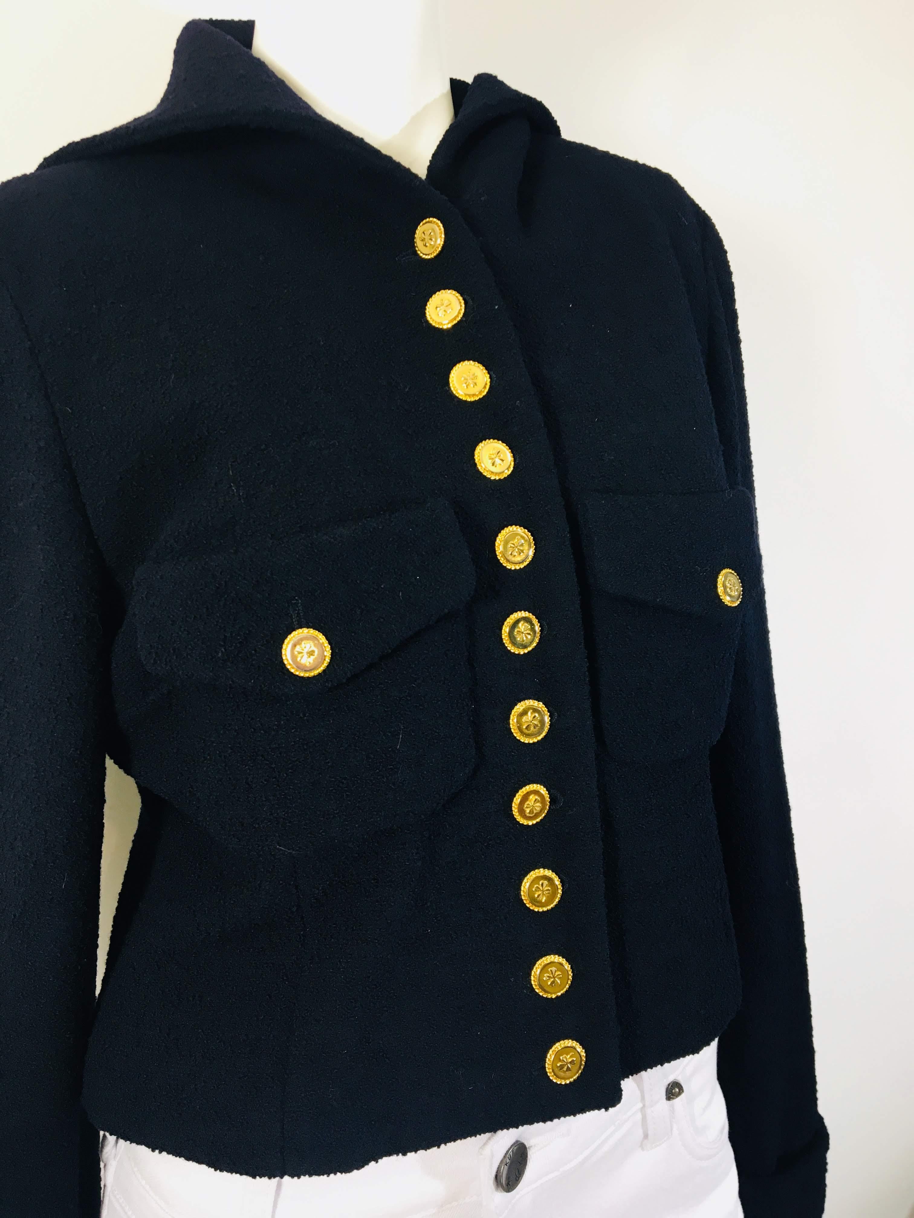 Chanel 11-Button Up Navy Jacket
Gold Four Leaf Clover Buttons
Over Size Collar
Three Clover Buttons on Sleeves
Size Label was cut out- 
Measurements are:
18