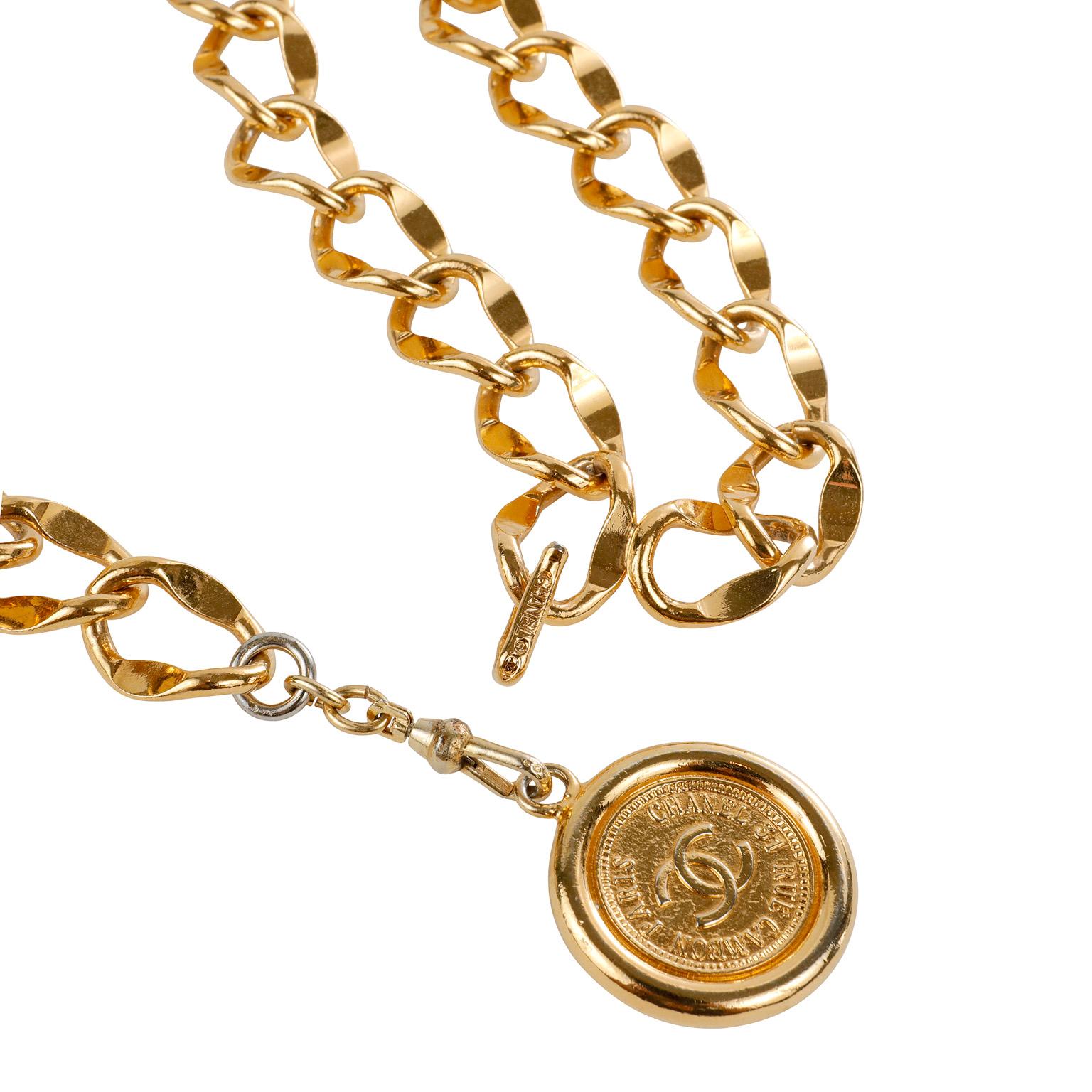 White Chanel Gold Byzantine CC Coin Chain Belt For Sale