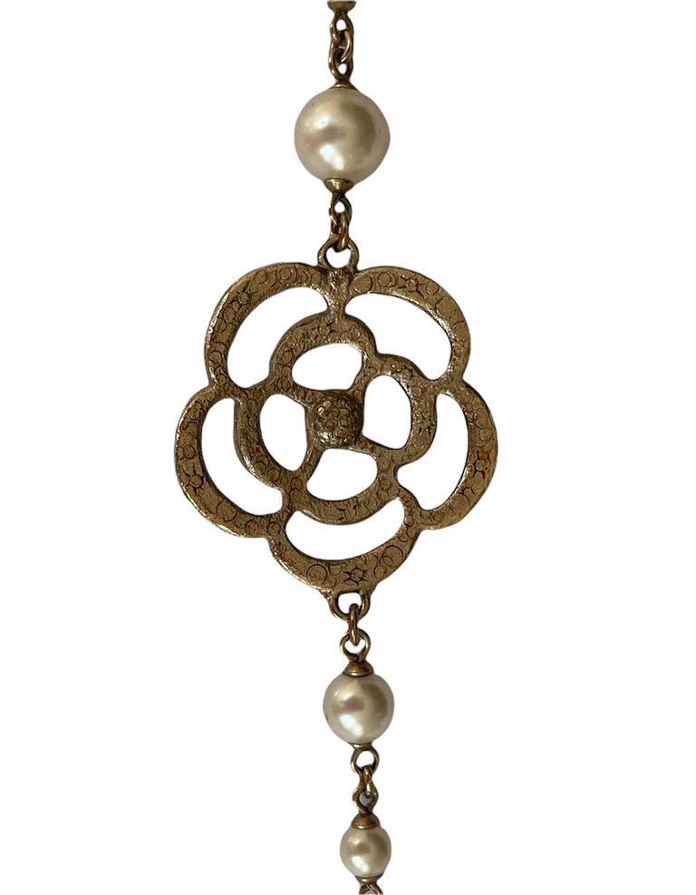Chanel Gold Camellia and Faux Pearl Bracelet For Sale 2