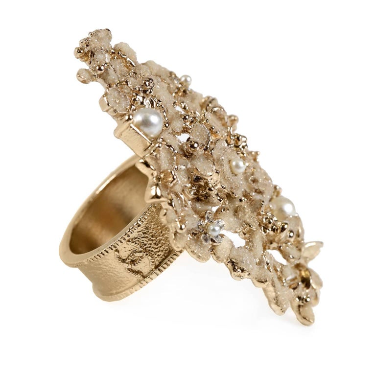 Chanel Gold Camellia Flower and Pearl Ring- size 6 For Sale at 1stDibs ...