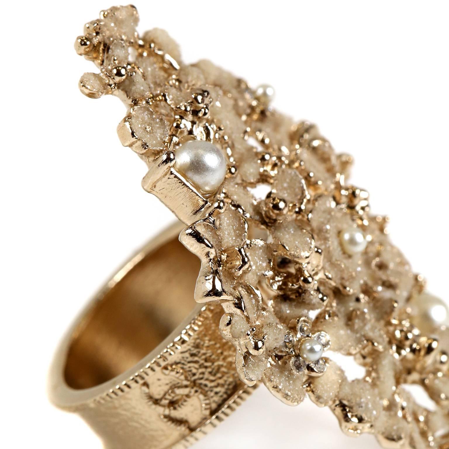 Chanel Gold Camellia Flower and Pearl Ring- size 6 In Good Condition For Sale In Palm Beach, FL