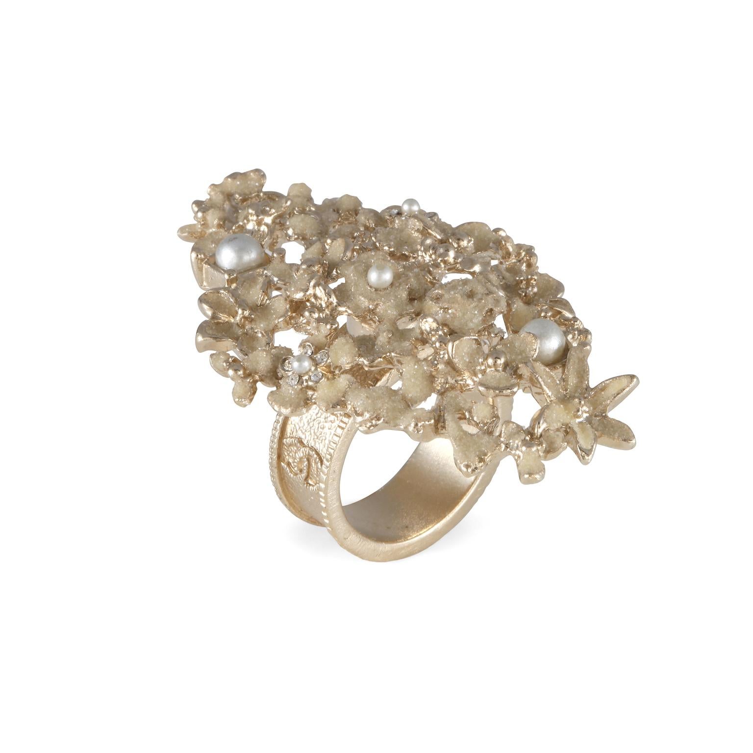 Chanel Gold Camellia Flower and Pearl Ring- size 6 For Sale 7