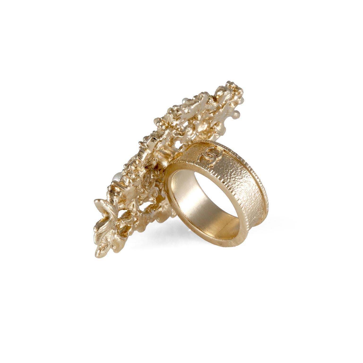 Chanel Gold Camellia Flower and Pearl Ring- size 6 For Sale 8