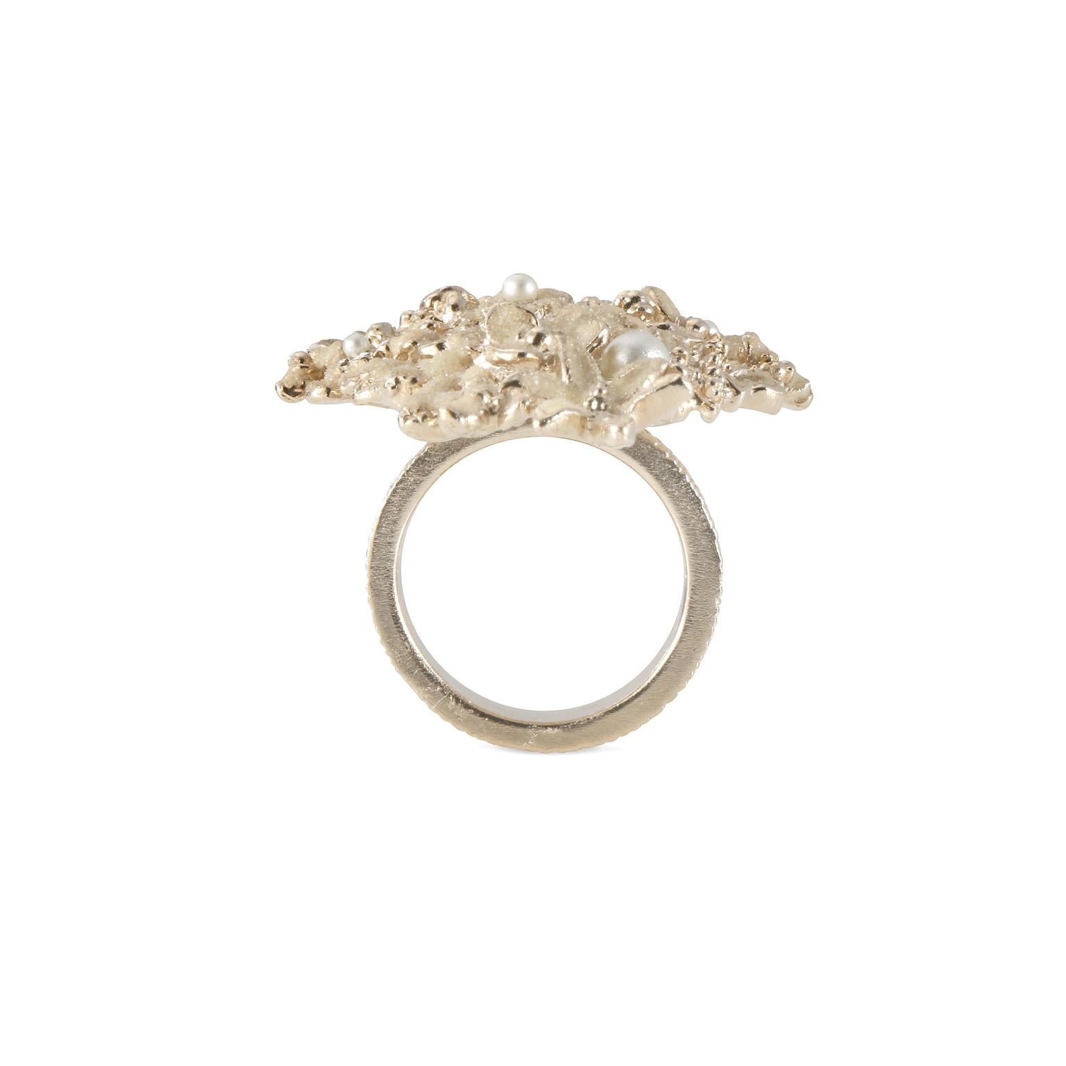 Chanel Gold Camellia Flower and Pearl Ring- size 6 For Sale 4