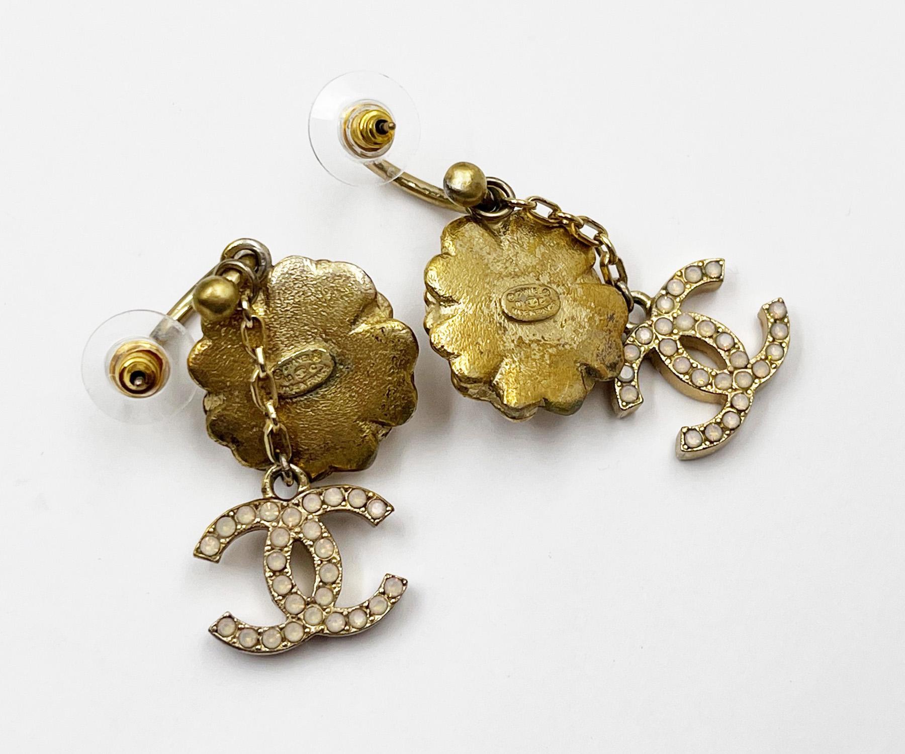 Artisan Chanel Gold Camellia Flower CC Opal Crystal Dangle Piercing Earrings For Sale