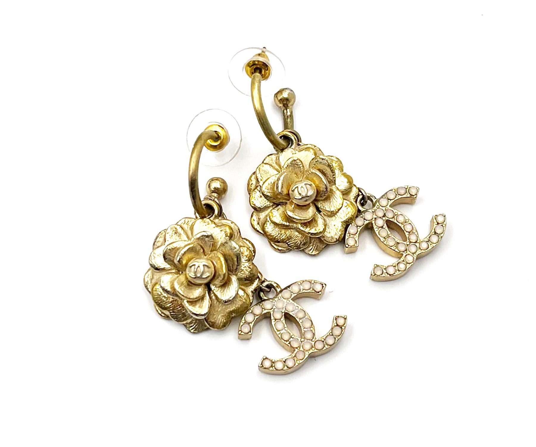 Chanel Gold Camellia Flower CC Opal Crystal Dangle Piercing Earrings In Good Condition For Sale In Pasadena, CA