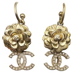 Chanel Gold Camellia Flower CC Opal Crystal Dangle Piercing Earrings