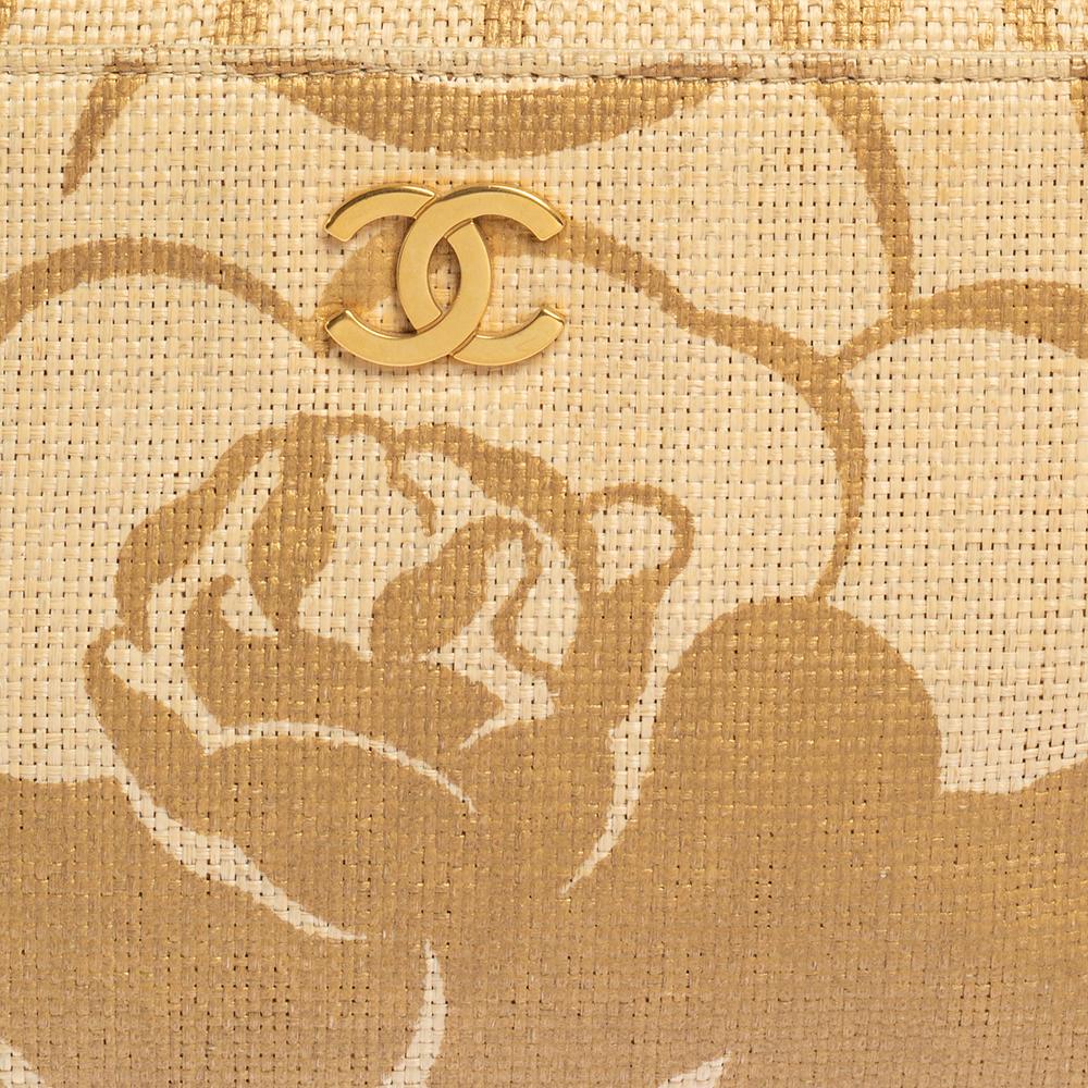 Chanel Gold Camellia Print Raffia Shoulder Bag 7