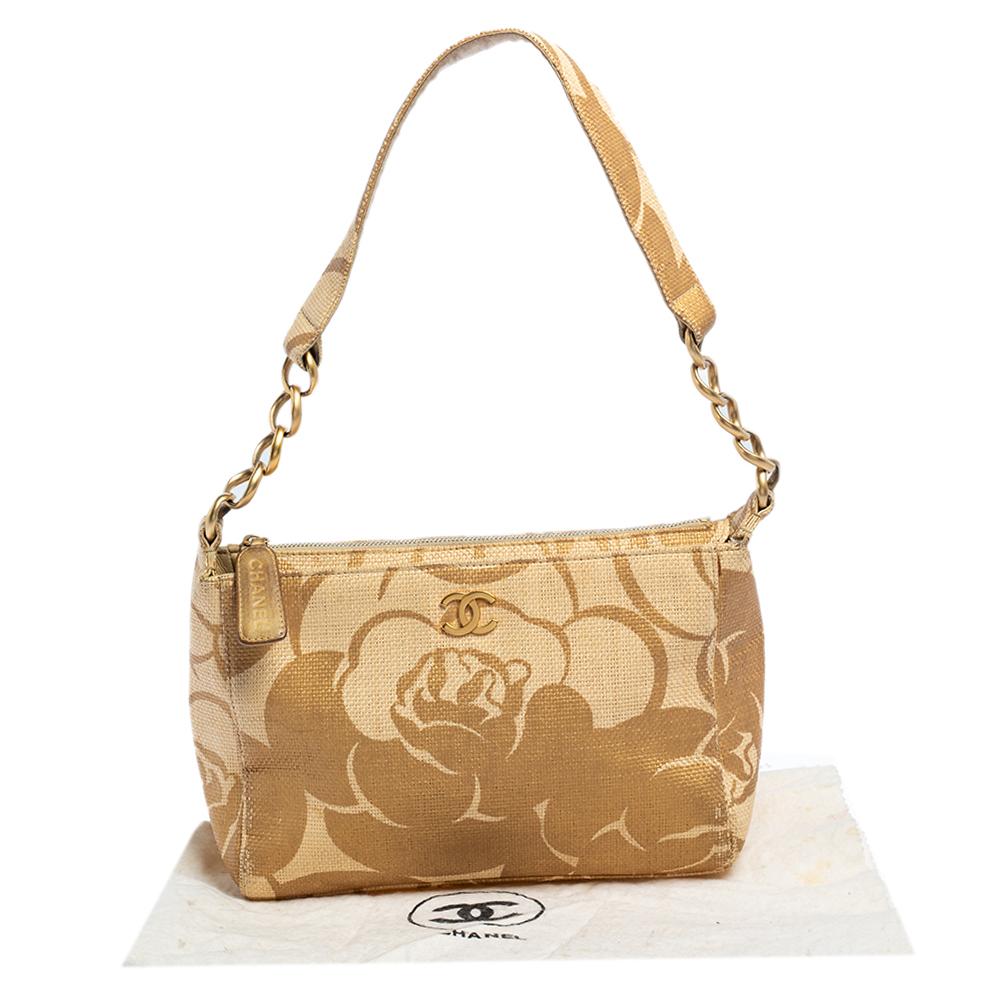 Chanel Gold Camellia Print Raffia Shoulder Bag 8