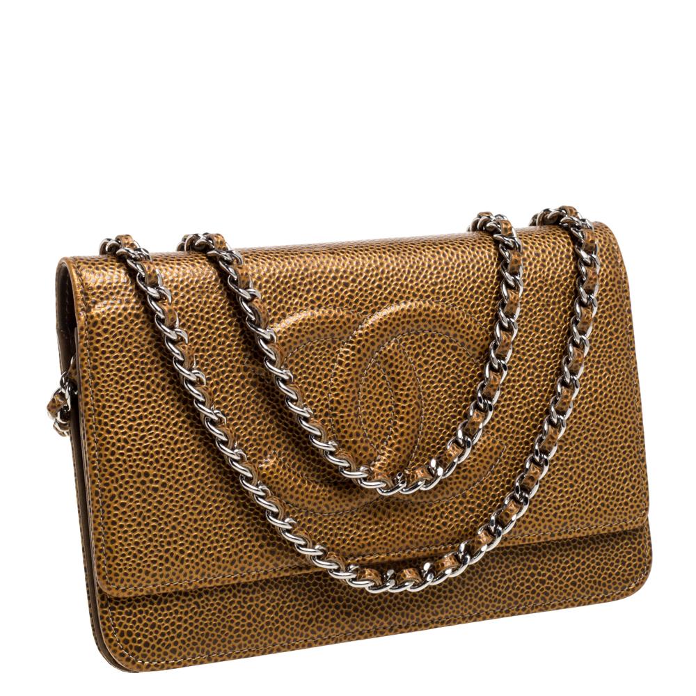 Brown Chanel Gold Caviar Leather CC Timeless Wallet On Chain