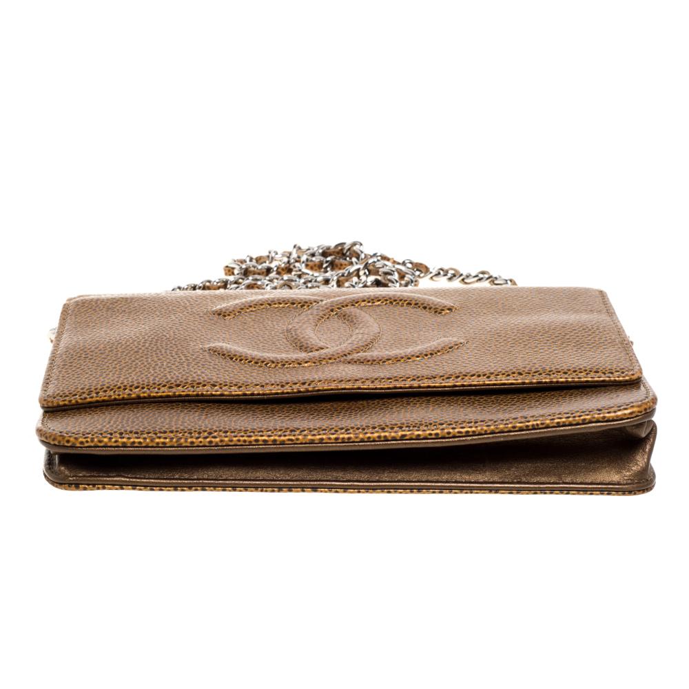 Women's Chanel Gold Caviar Leather CC Timeless Wallet On Chain
