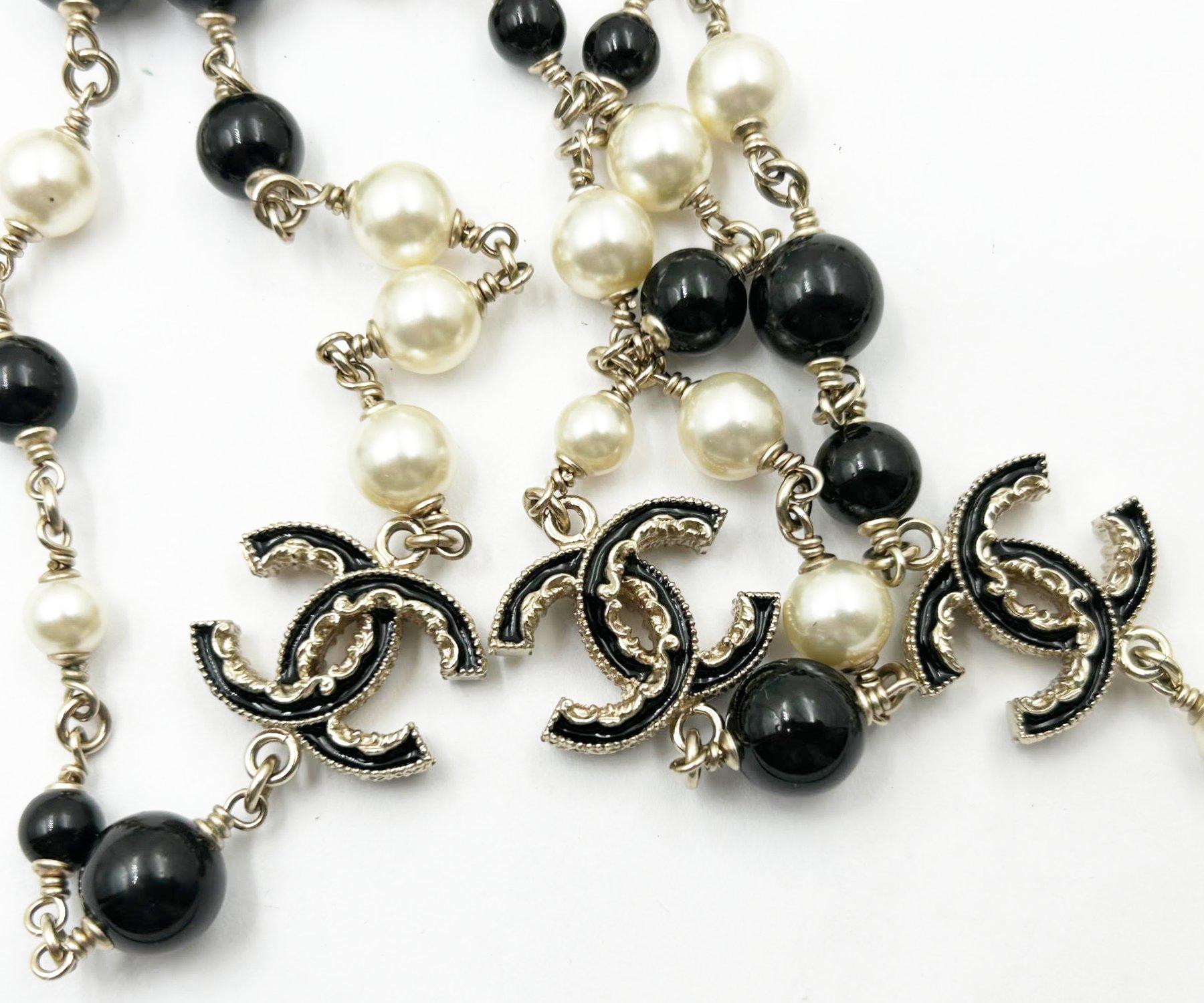 Women's Chanel Gold CC 3 Black Ruffle Pearl Super Long Necklace
