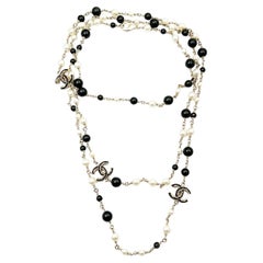 Chanel Gold CC 3 Black Ruffle Pearl Super Long Necklace