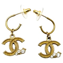 Chanel Gold CC 3 Corner Crystal Hoop Earrings