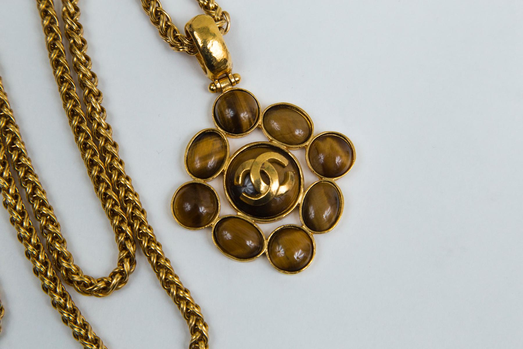 Chanel Gold CC and Tiger Eye Stone Necklace, Chanel, CC, Made in France, 95 A (Autumn) 
Pendant measures 2
