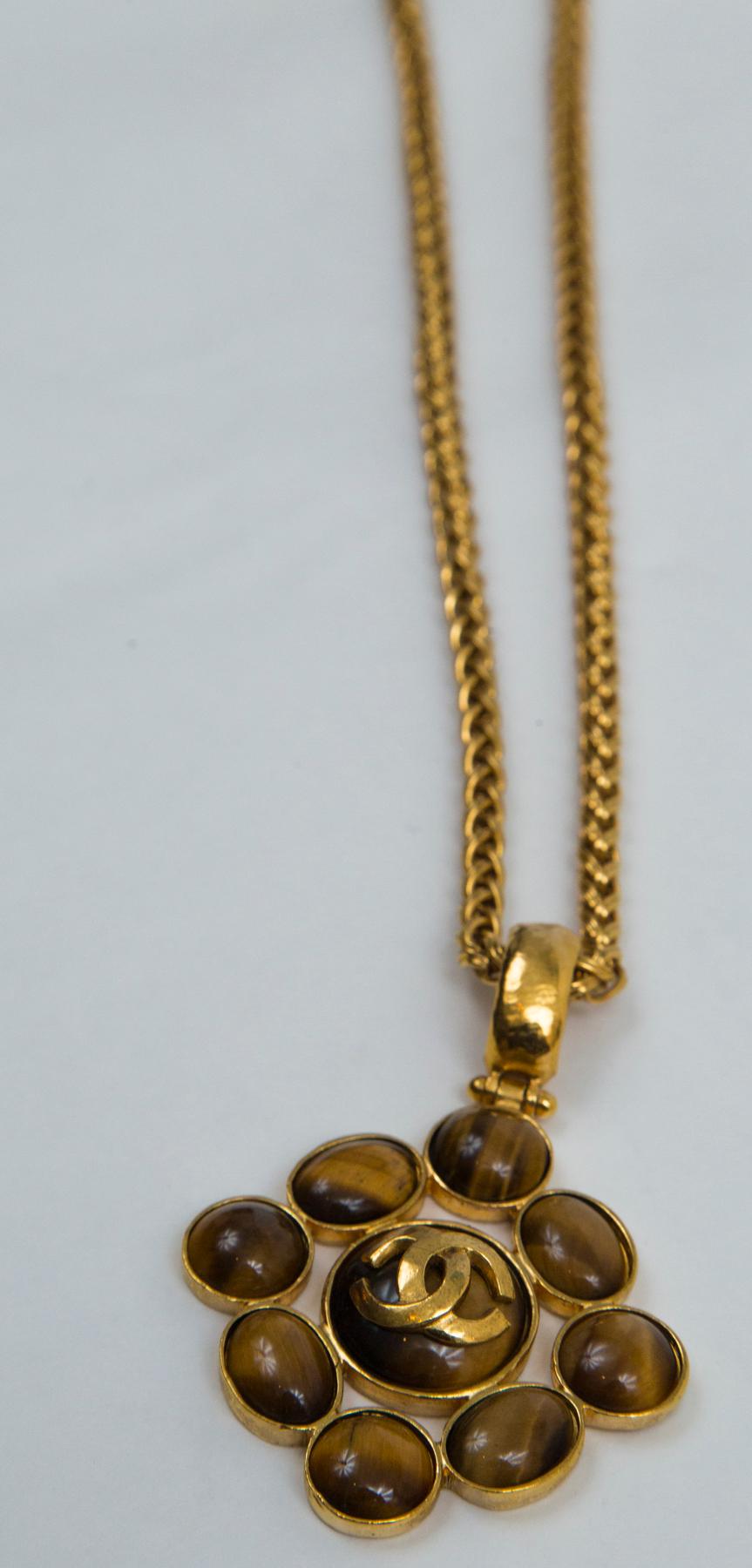 Women's or Men's Chanel Gold CC and Tiger Eye Stone Necklace