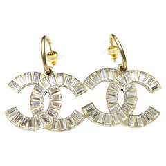 Chanel Gold CC Baguette Crystal Large Hoop Piercing Earrings 