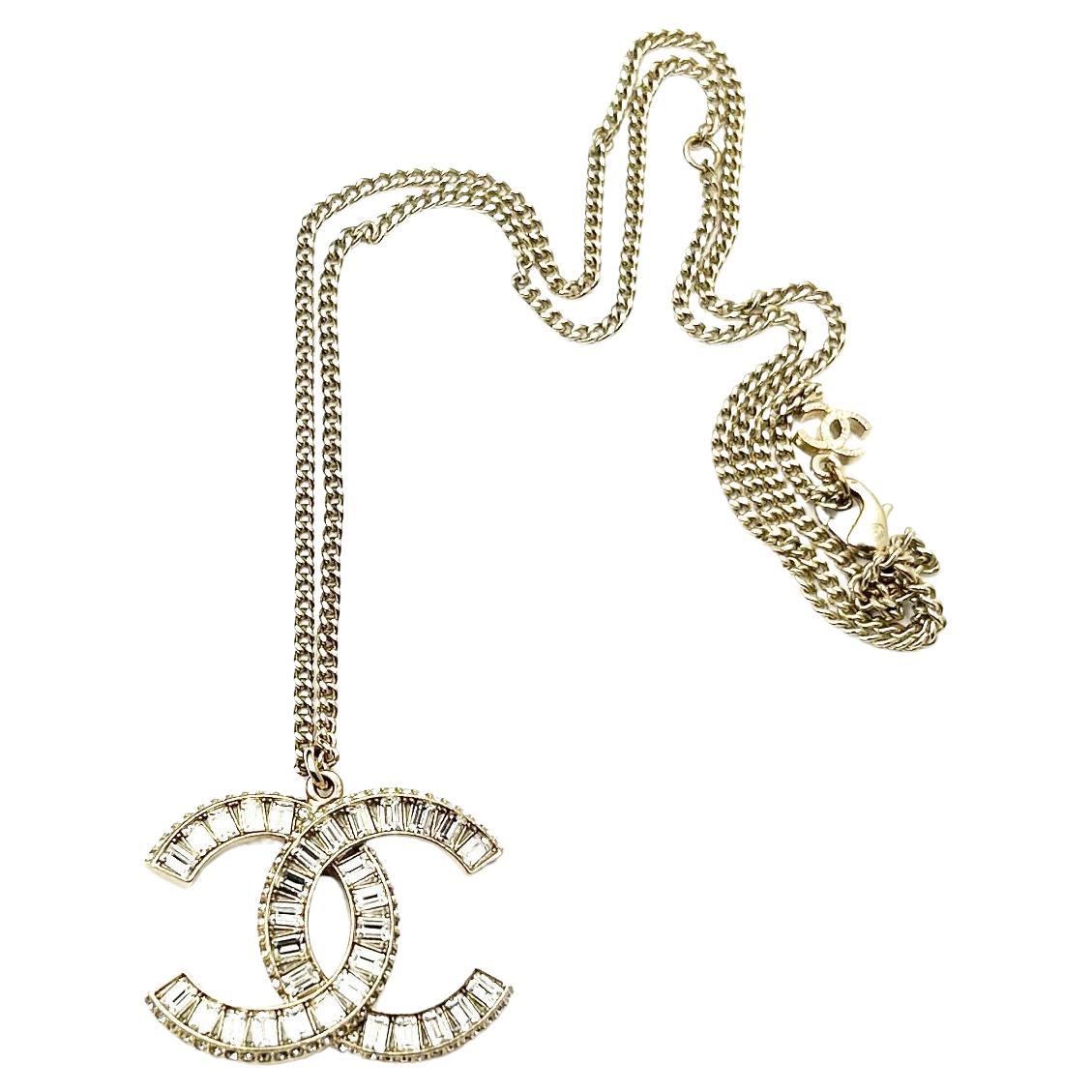 Chanel Classic Gold CC Baguette Crystal Pendant Necklace  For Sale