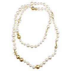 Chanel Gold CC Bead Faux Pearl Long Necklace