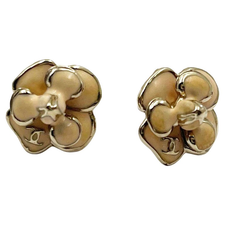 Chanel Gold CC Beige Flower Small Piercing Earrings For Sale at 1stDibs   chanel flower earring, small chanel earrings gold, tiny chanel earrings