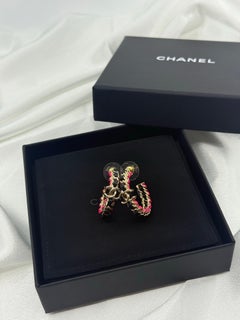 Chanel Gold CC Black Lambskin Leather Pink Accent Hoop Earrings