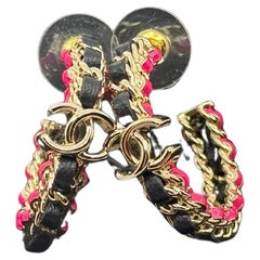 Chanel Gold CC Black Lambskin Leather Pink Accent Hoop Earrings Chanel Gold CC Black Lambskin Leather Pink Accent Hoop Earrings
