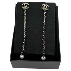CHANEL Gold CC Black Leather Chain Pearl Dangle Earrings