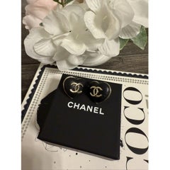 CHANEL Gold CC Black Leather Heart Earrings