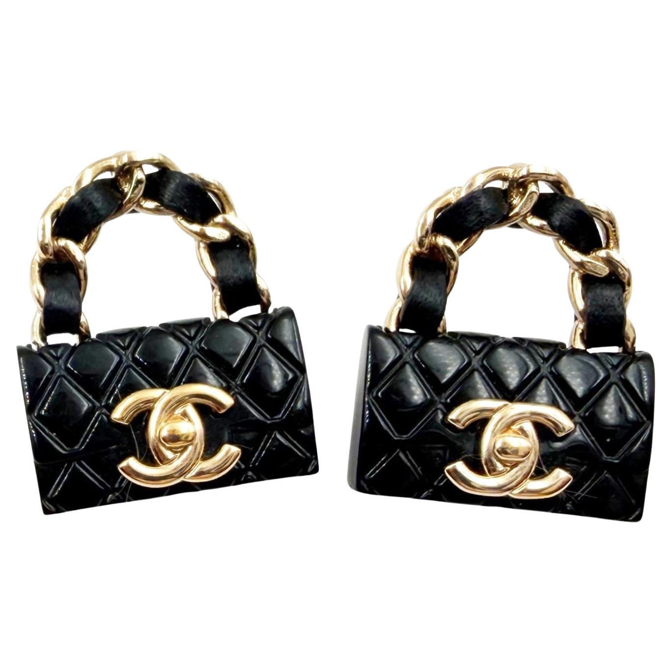 Chanel Gold CC Black Quilted Bag Piercing Earrings For Sale