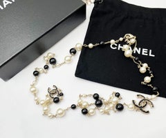 Chanel Gold CC Black Ruffle Pearl Long Necklace
