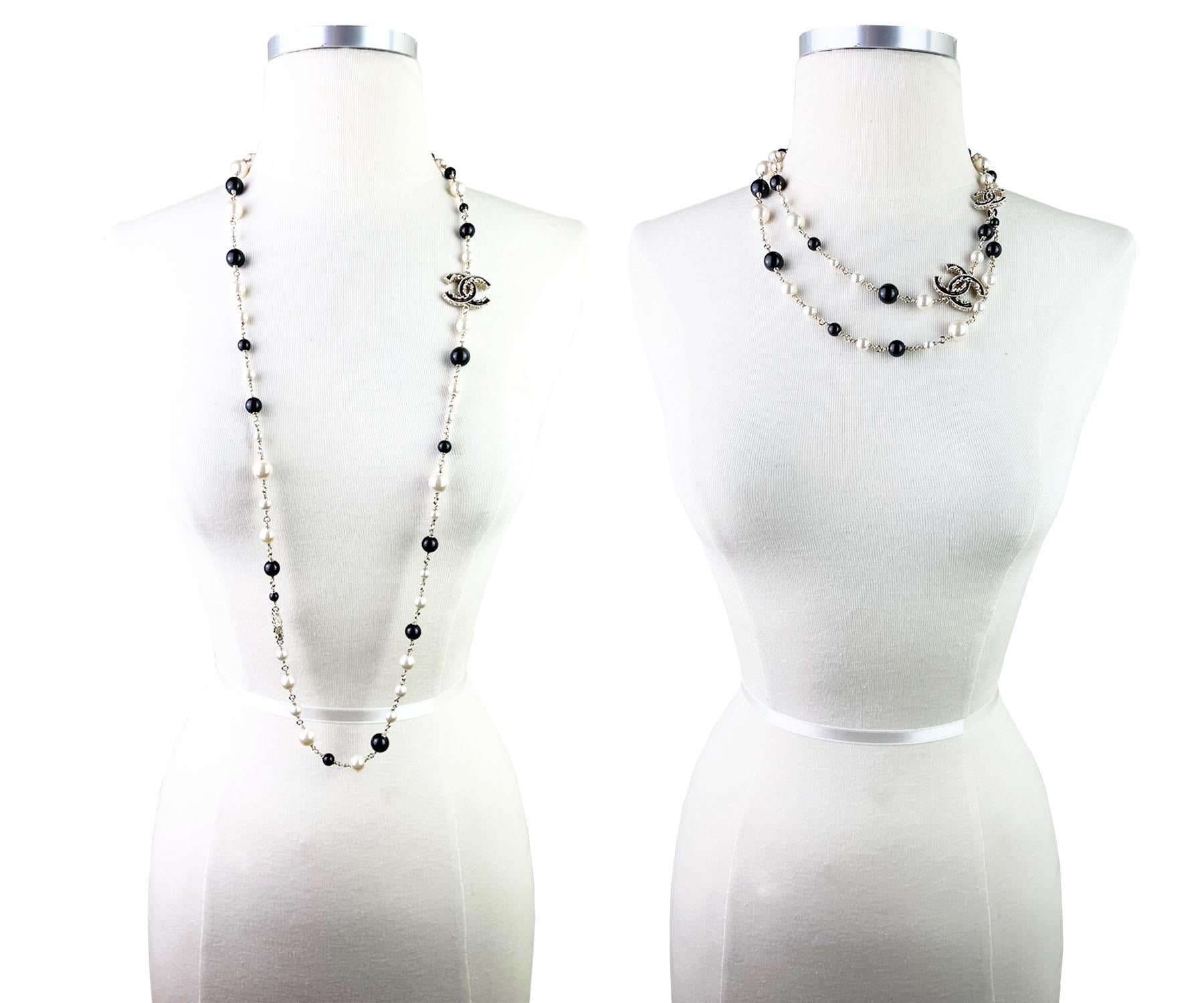 Chanel Gold CC Black Ruffle Pearl Long Necklace  In Excellent Condition In Pasadena, CA