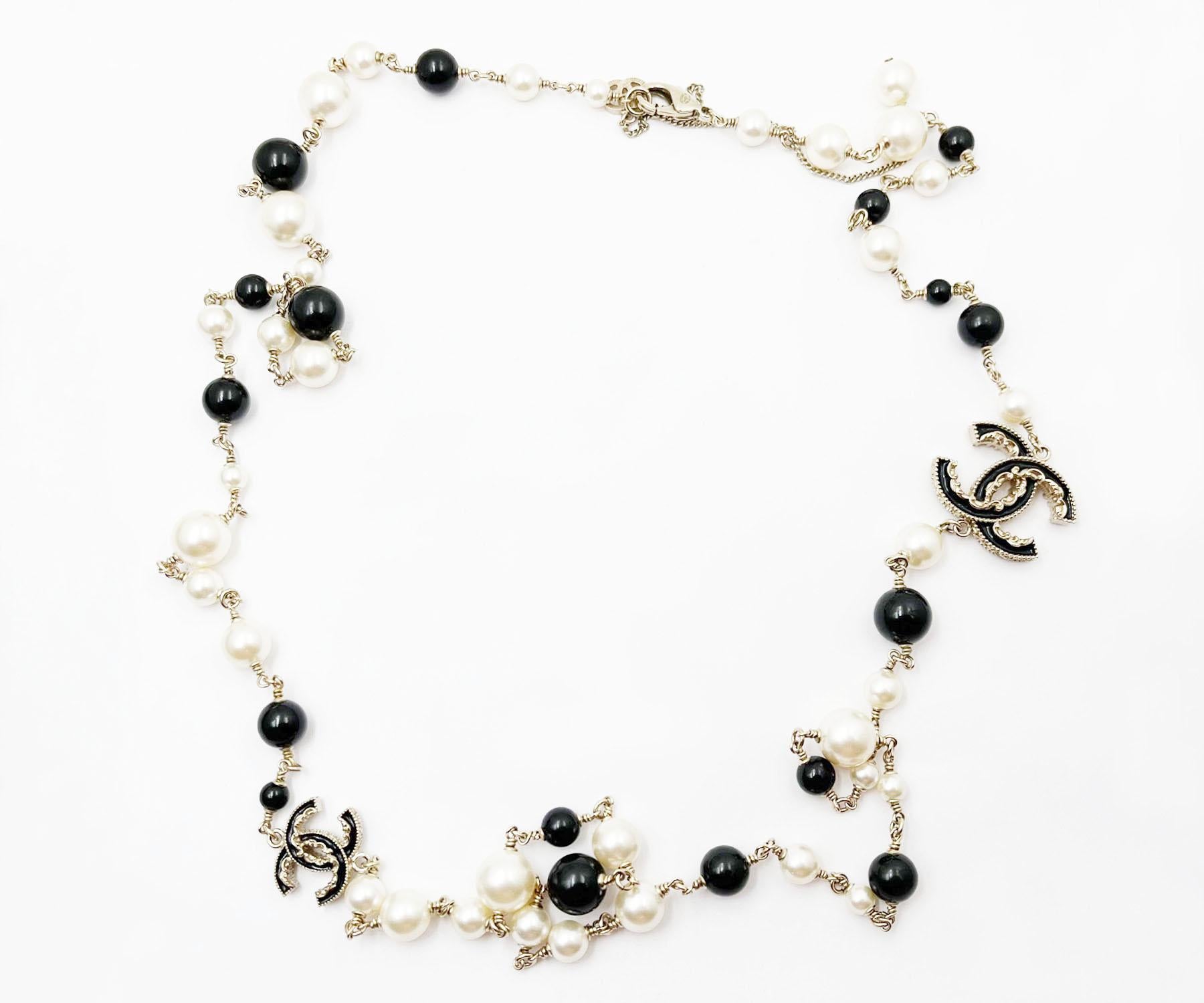 Chanel Gold CC Black Ruffle Pearl Long Necklace 