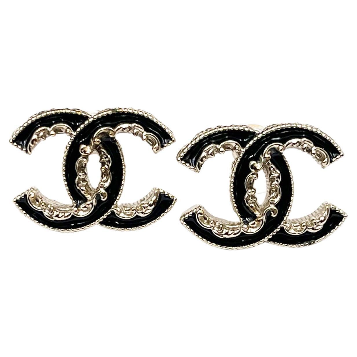 Chanel Gold CC Black  Ruffle Piercing Earrings 