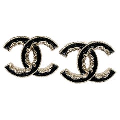 Chanel Gold CC Black  Ruffle Piercing Earrings 