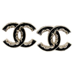 Chanel Gold CC Black  Ruffle Piercing Earrings