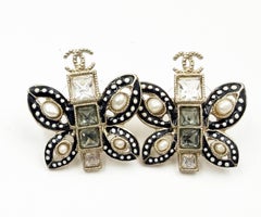 Chanel Gold CC Black White Dot Butterfly Pearl Piercing Earrings