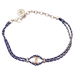 Chanel Gold CC Blue Leather Choker Necklace