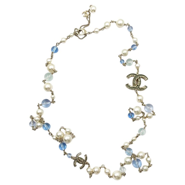 Chanel Gold CC Blue Ruffle Blue Bead Pearl Long Necklace