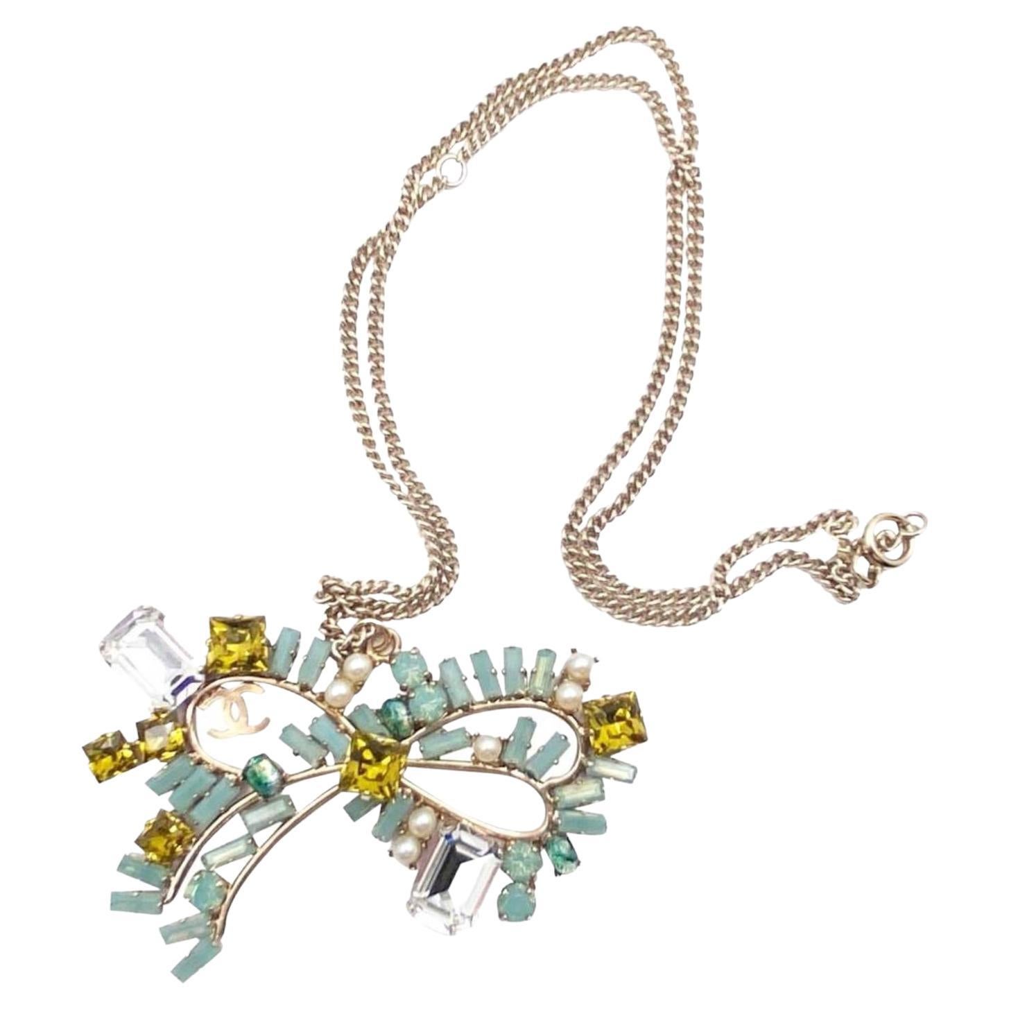 Chanel Gold CC Bow Turquoise Mustard Crystal Necklace For Sale