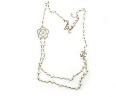 Chanel Gold CC Camellia Faux Pearl 2 Strand Long Necklace
