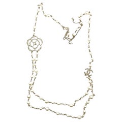 Chanel Gold CC Camellia Faux Pearl 2 Strand Long Necklace