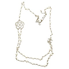 Chanel Gold CC Camellia Faux Pearl 2 Strand Long Necklace 