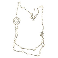 Chanel Gold CC Camellia Faux Pearl 2 Strand Long Necklace