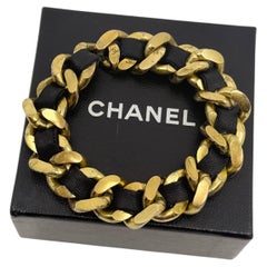 CHANEL Gold CC Chain Leather-Trim Vintage Bracelet