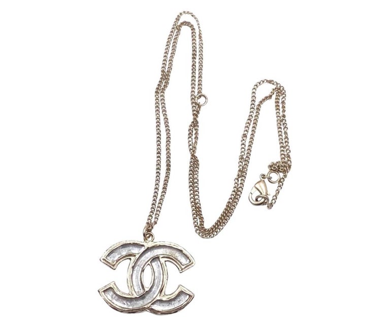Chanel Gold CC Clear Enamel Pendant Necklace For Sale at 1stDibs
